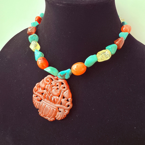 BIG Red Jade Turquoise Carnelian Quartz Hand Carved Sterling Silver 925 Necklace - Picture 3 of 8